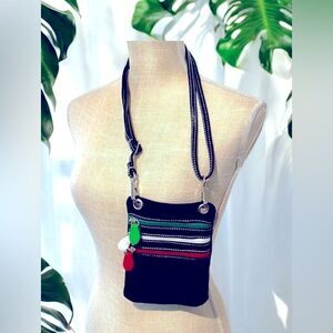 Amica Italian Suede Crossbody Body Black with Multi colored Zippers NWOT